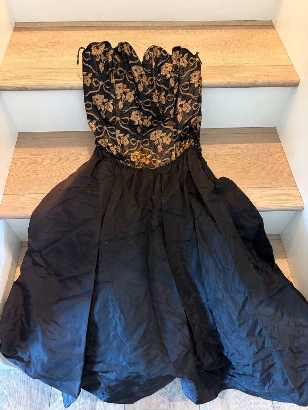 Vintage Gunne Sax Strapless Black and Gold Floral  Dress